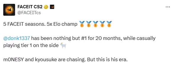 FACEIT官方认证：donk王朝持续20个月霸榜，赛事天梯双线封神 