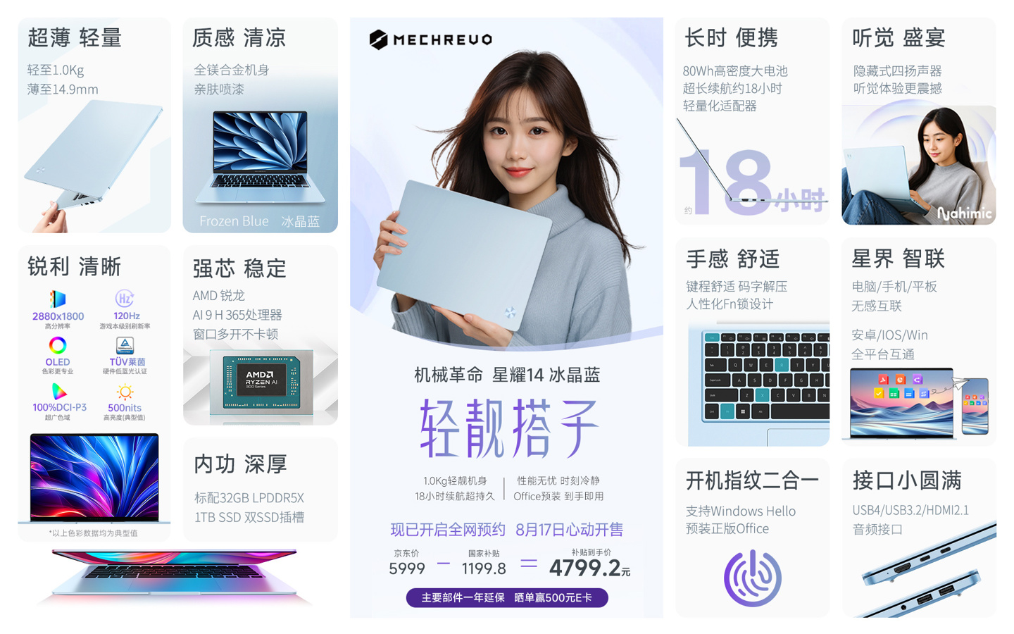 5999 元机械革命星耀 14 冰晶蓝上市：AMD AI 9 H 365 处理器、2.8K 120Hz OLED 屏，国补 4799.2 元
