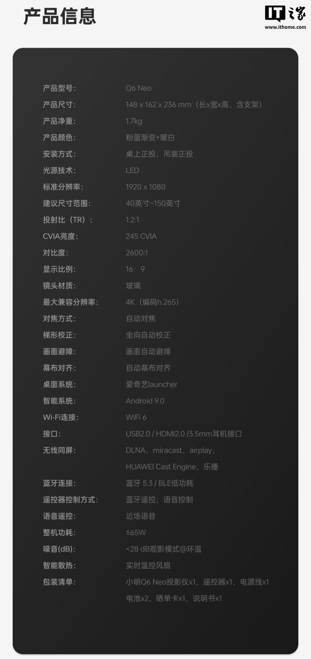 小明 Q6 Neo 投影仪首销：245 CVIA 流明亮度、接入小米米家 App，首发 799 元 + 三期免息