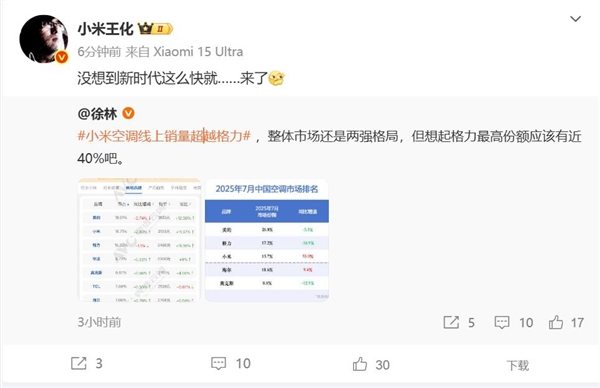 小米7月空调线上销量超越格力