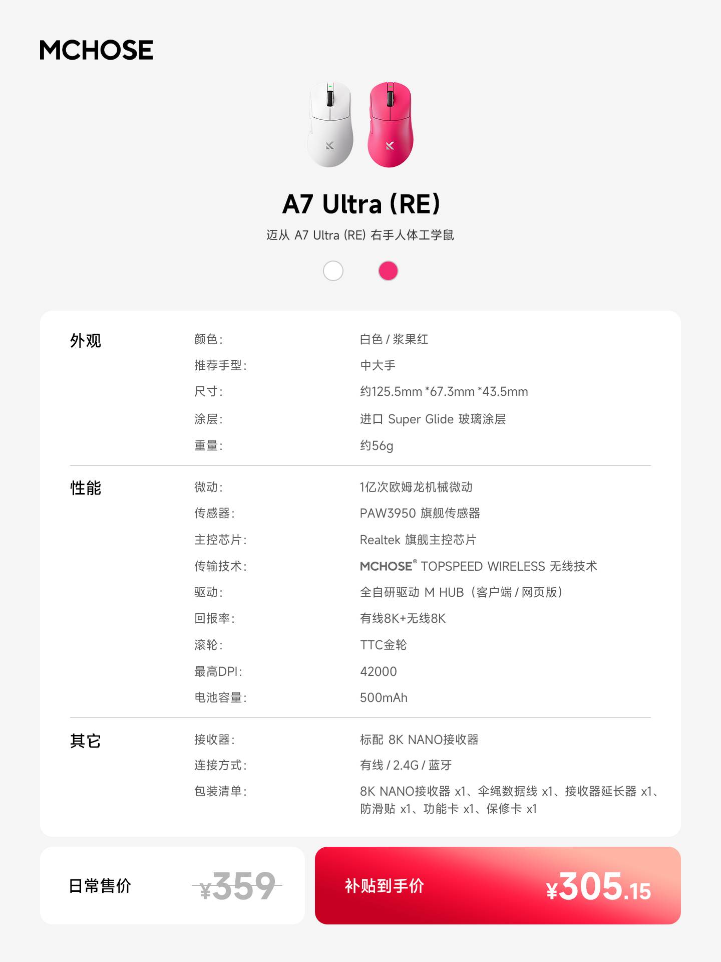 迈从推出右手人体工学中大手鼠标 A7 Ultra (RE)：PAW3950，359 元