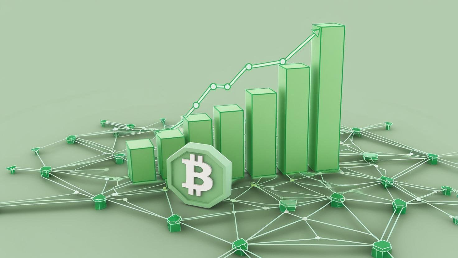 3D blockchain，coin chart ， bitcoin ， value icons in a light green  style, no more element, no word (26).jpg