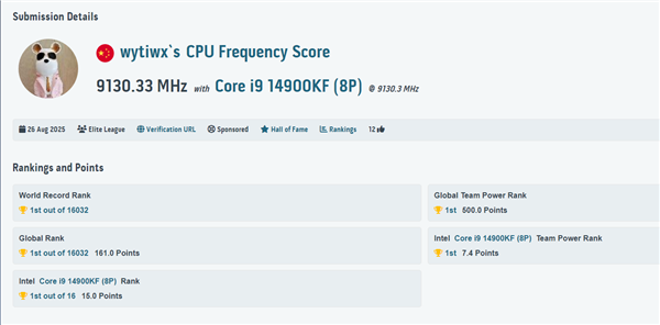 太疯狂了！i9-14900KF超频至9.13GHz新世界记录：来自中国大神
