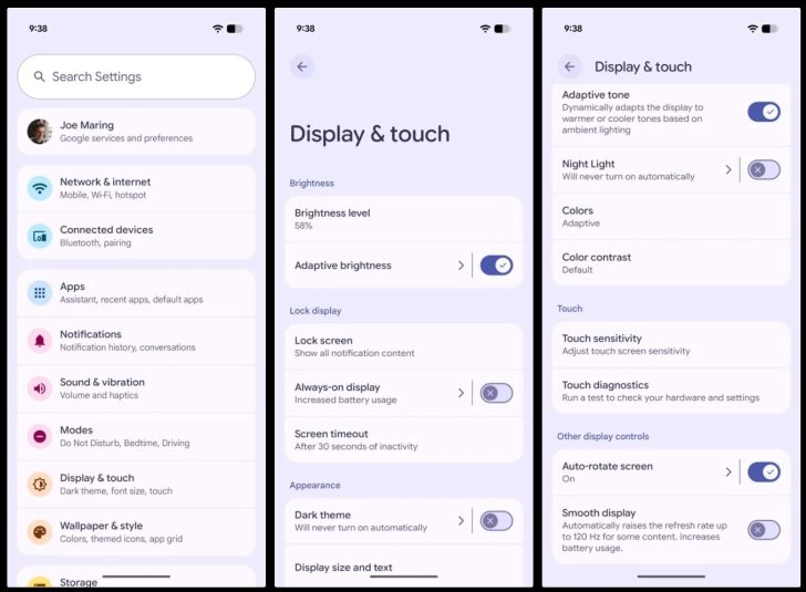 Pixel 10显示设置界面