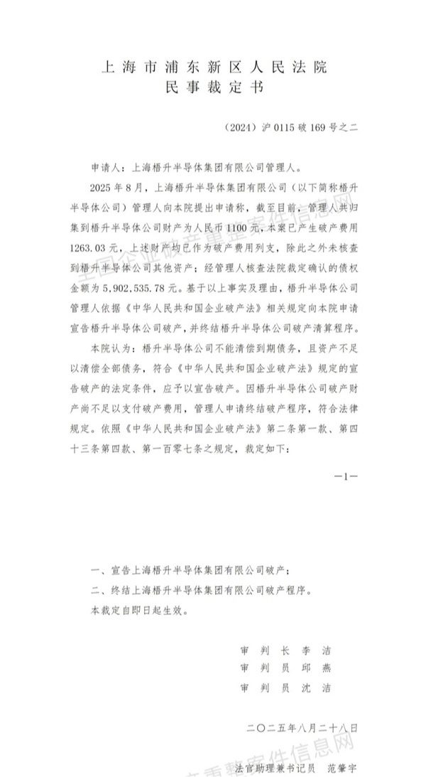 上海梧升半导体破产,百亿级芯片项目终止