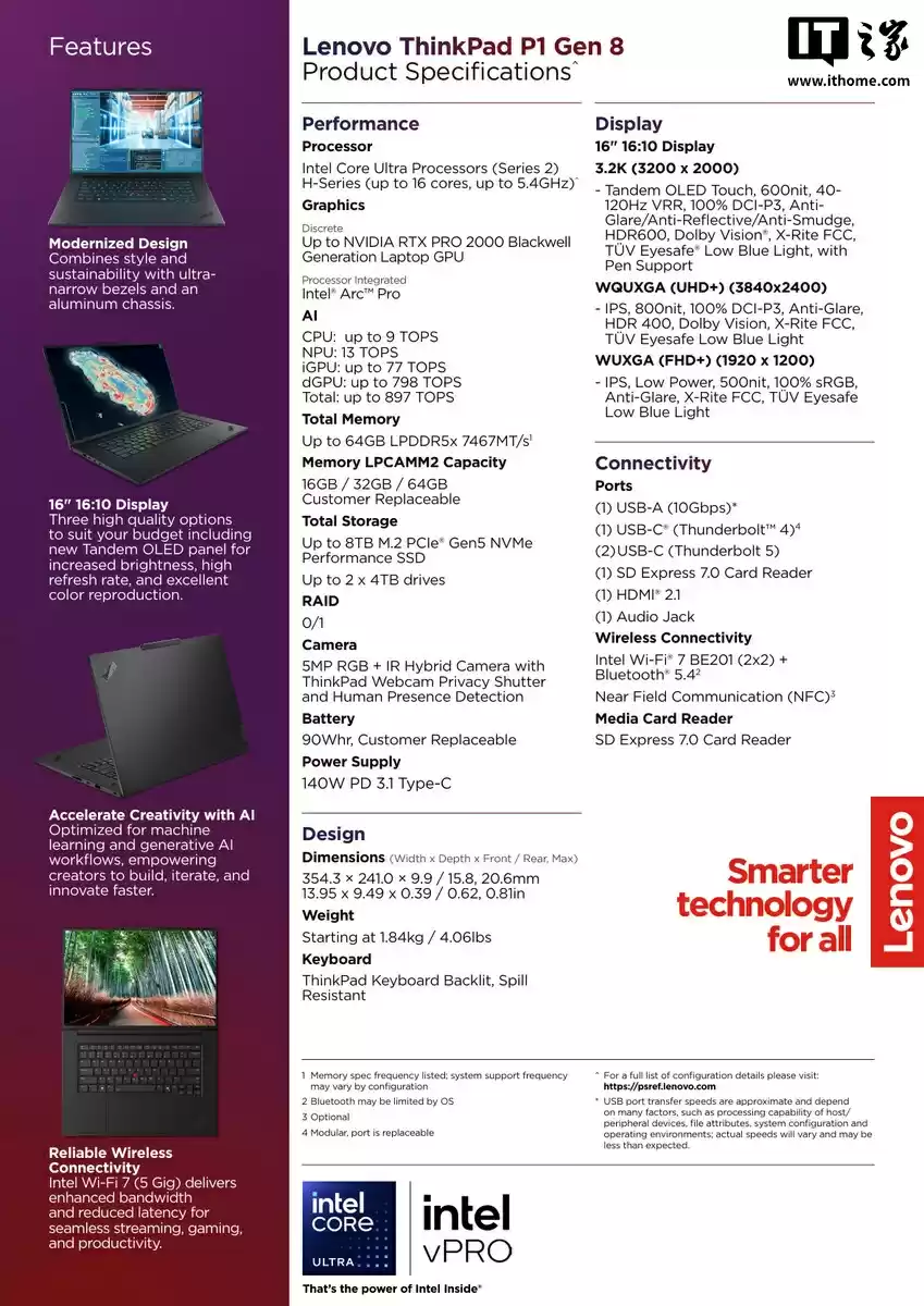 联想发布 ThinkPad P1 Gen8 笔记本：取消方口供电、增雷电 5 接口，搭 RTX Pro 2000 显卡
