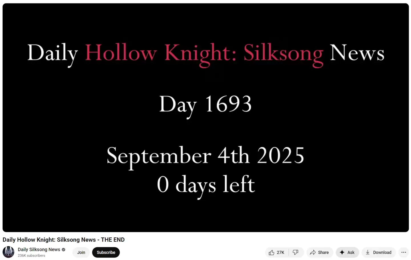 1693 天，《空洞骑士：丝之歌》狂热粉丝“每日丝之歌新闻”频道宣布终结