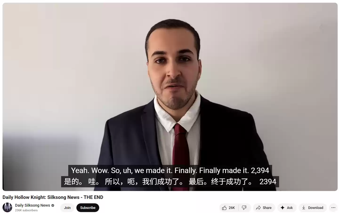 1693 天，《空洞骑士：丝之歌》狂热粉丝“每日丝之歌新闻”频道宣布终结
