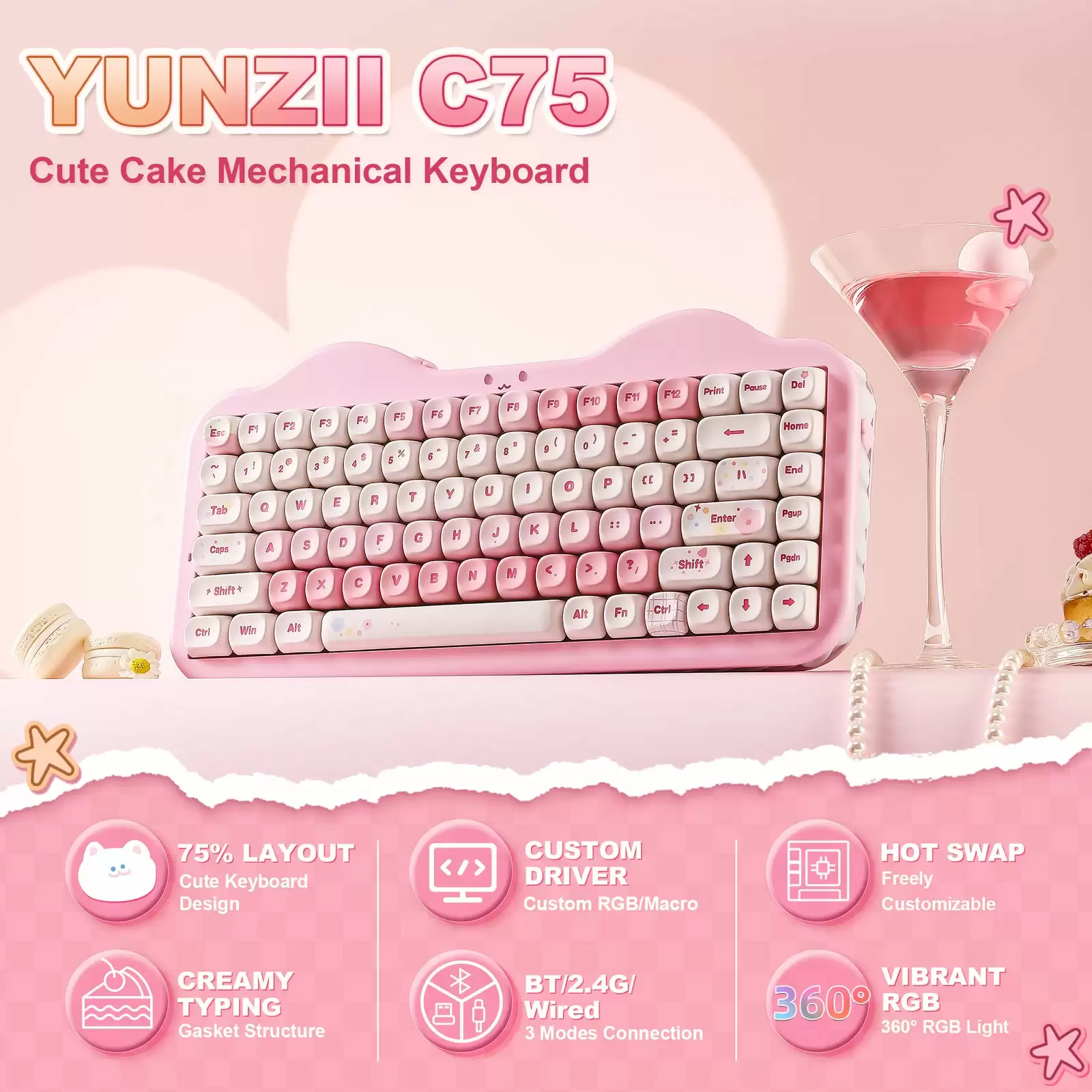 “奶油”硅胶侧裙,键设宇宙 YUNZII 推出 C75 萌系蛋糕机械键盘