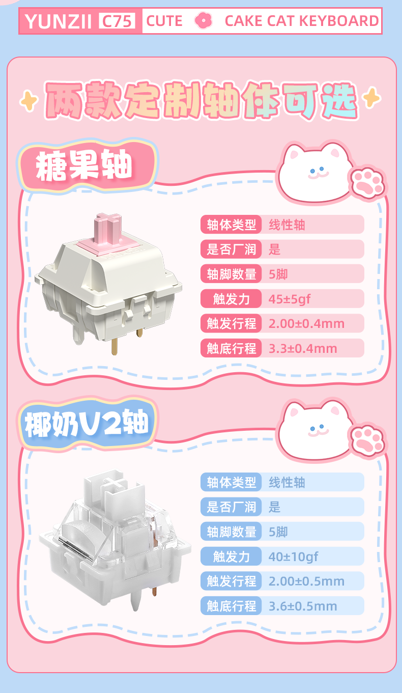 “奶油”硅胶侧裙，键设宇宙 YUNZII 推出 C75 萌系蛋糕机械键盘