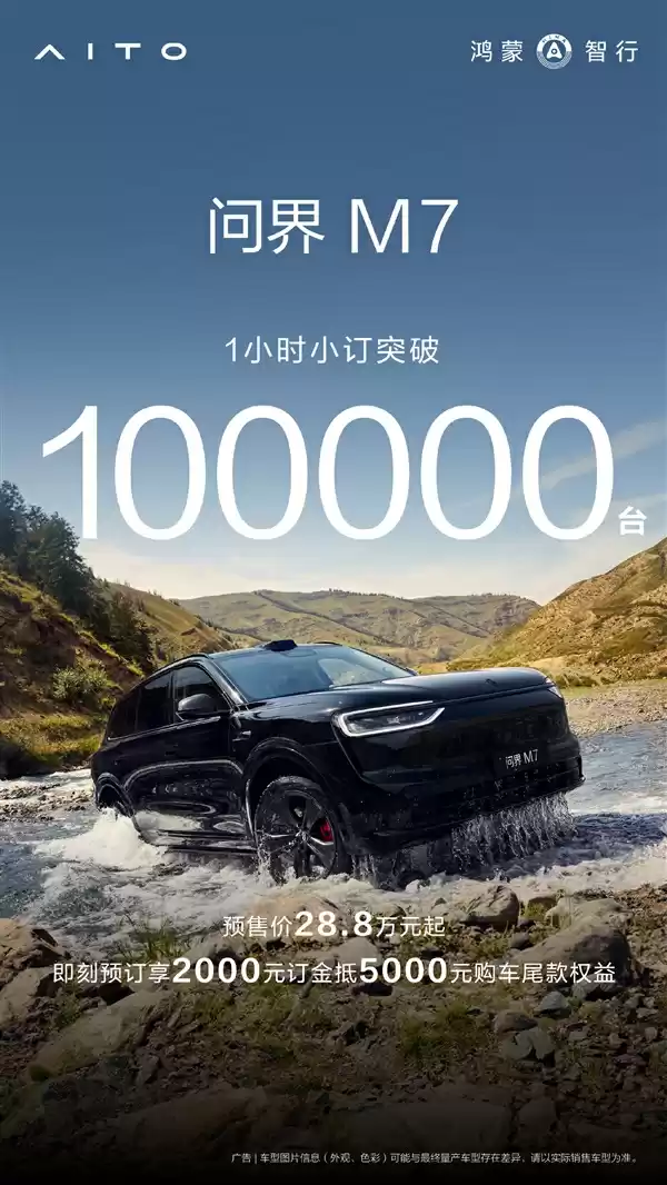 28.8万元起售干崩服务器!全新问界M7开售1小时订单破10万