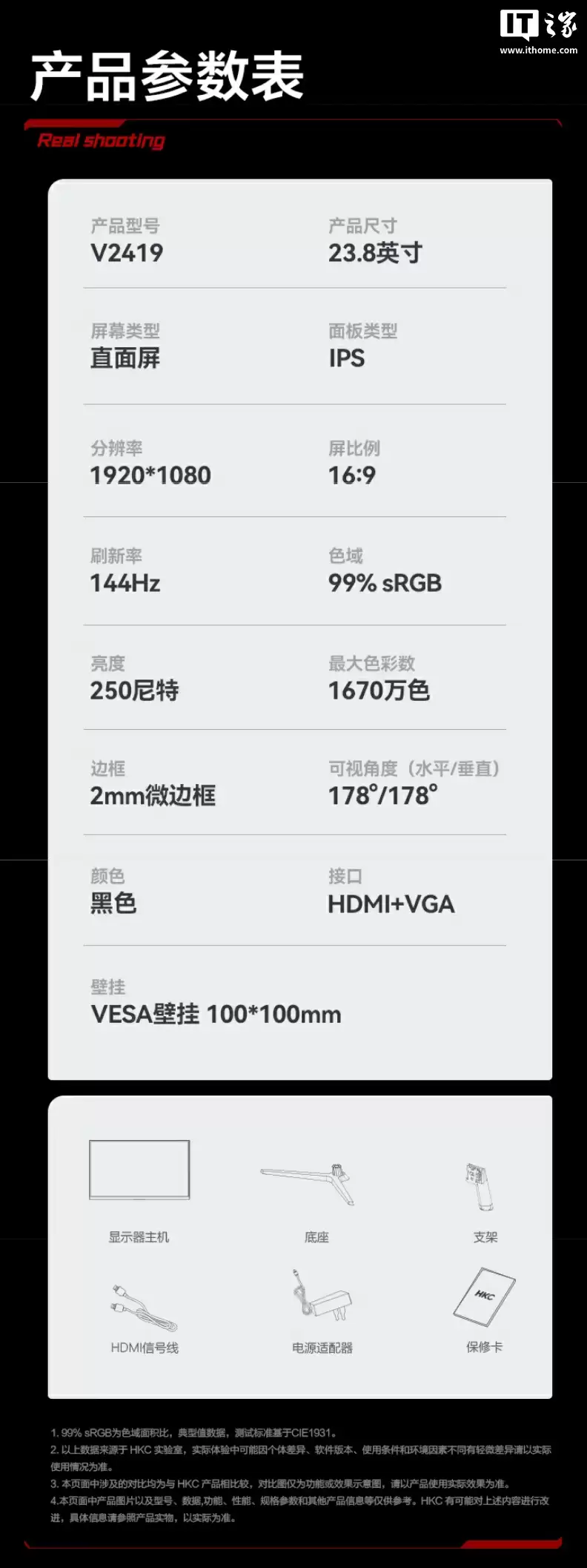 1080P 144Hz，449 元 HKC 推出 23.8 英寸显示器“V2419”