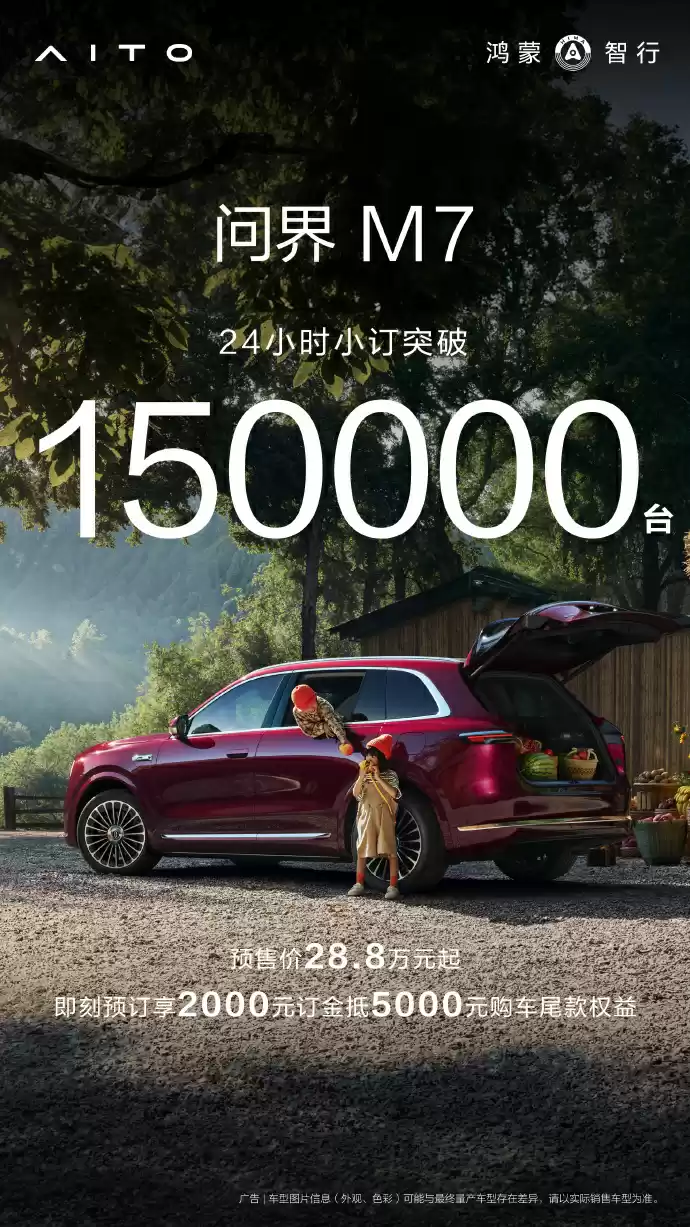 预售价 28.8 万元起，鸿蒙智行全新问界 M7 车型 24 小时小订突破 15 万台