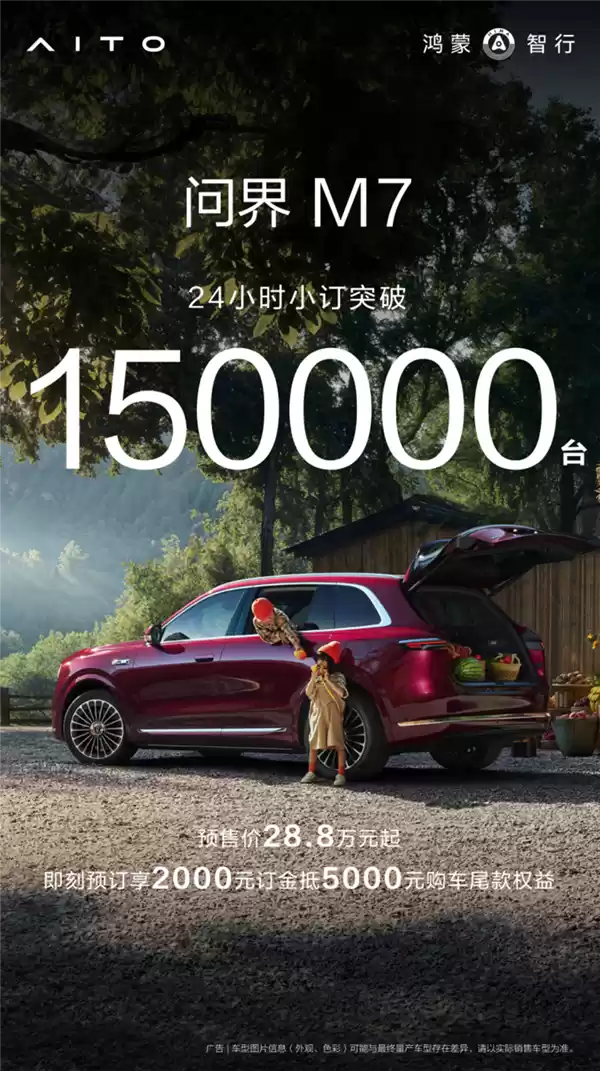 全新问界M7卖疯了！仅24小时小订突破15万台