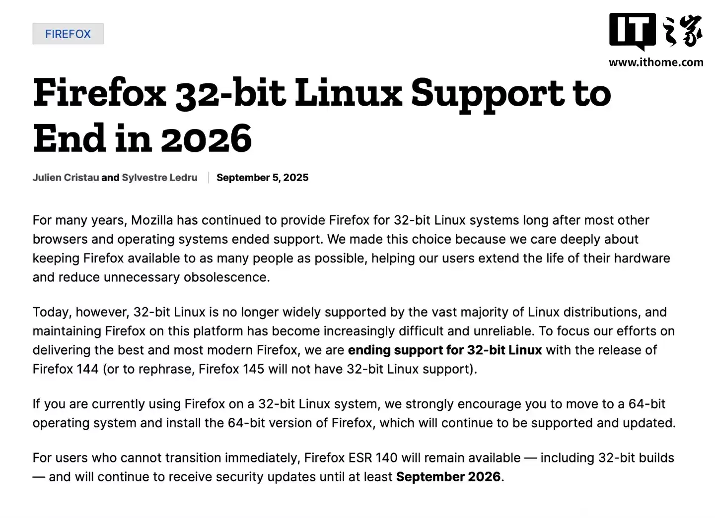 Mozilla：Firefox 火狐浏览器将于 2026 年 9 月停止支持 32 位 Linux 系统