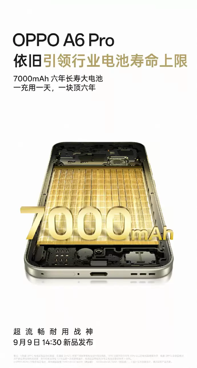 OPPO A6 Pro 手机搭载“满级防水”、7000mAh 电池，9 月 9 日发布