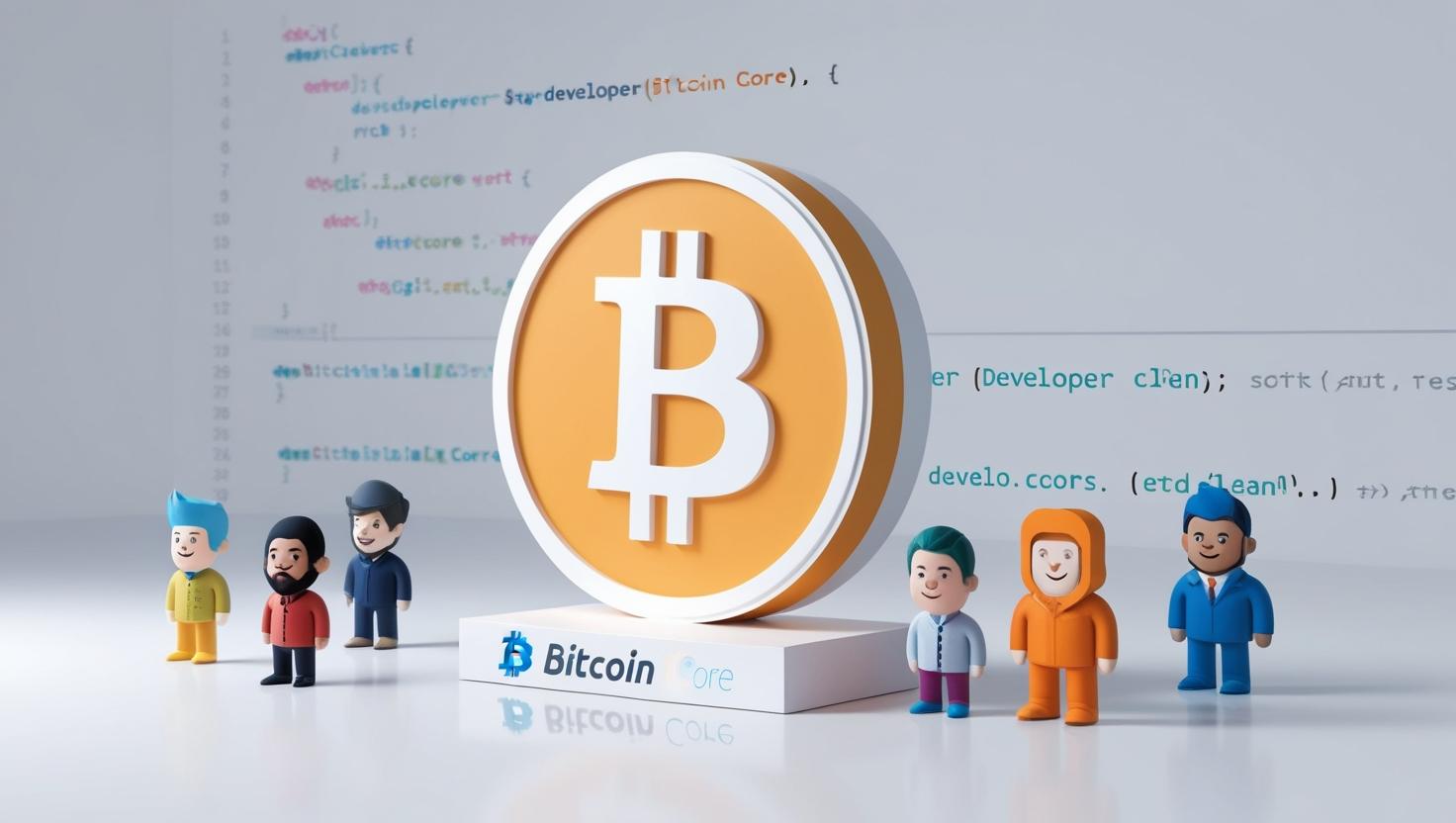3D Bitcoin Core logo with developer avatars and code snippets  in  a light style, no more element, no word.jpg