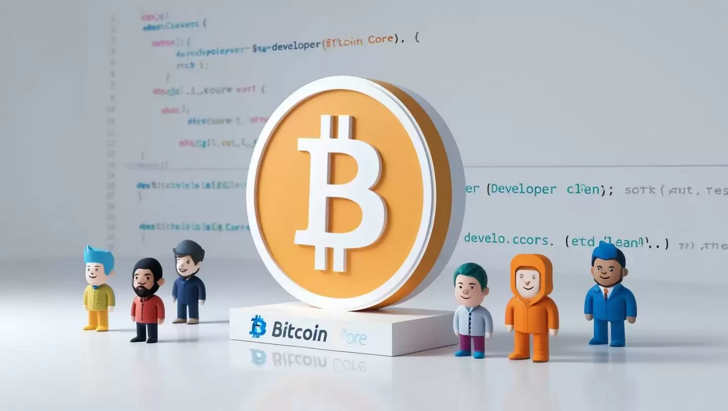 3D Bitcoin Core logo with developer avatars and code snippets  in  a light style, no more element, no word.webp