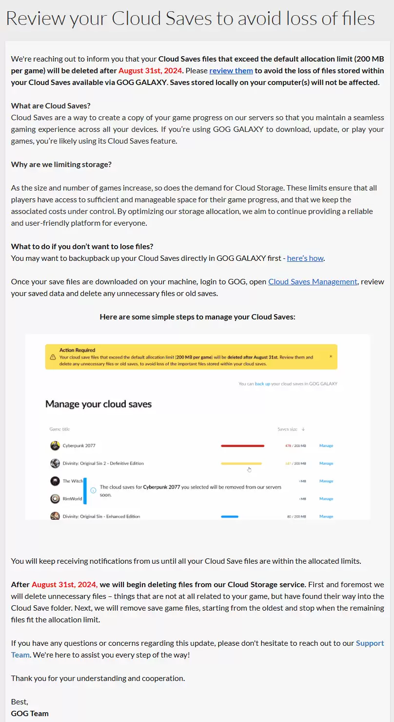 GOG 8月底起删除超大云存档，用户需尽快备份