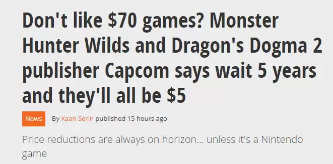 卡普空回应定价争议：五年后游戏将降至5美元