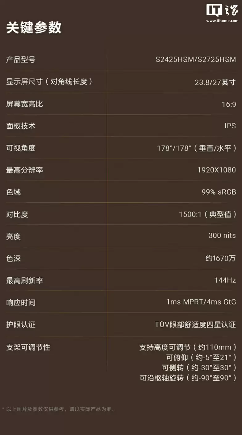 1080P 144Hz + 双扬:919 元起戴尔推出 23.8/27 英寸显示器 S2425HSM/S2725HSM