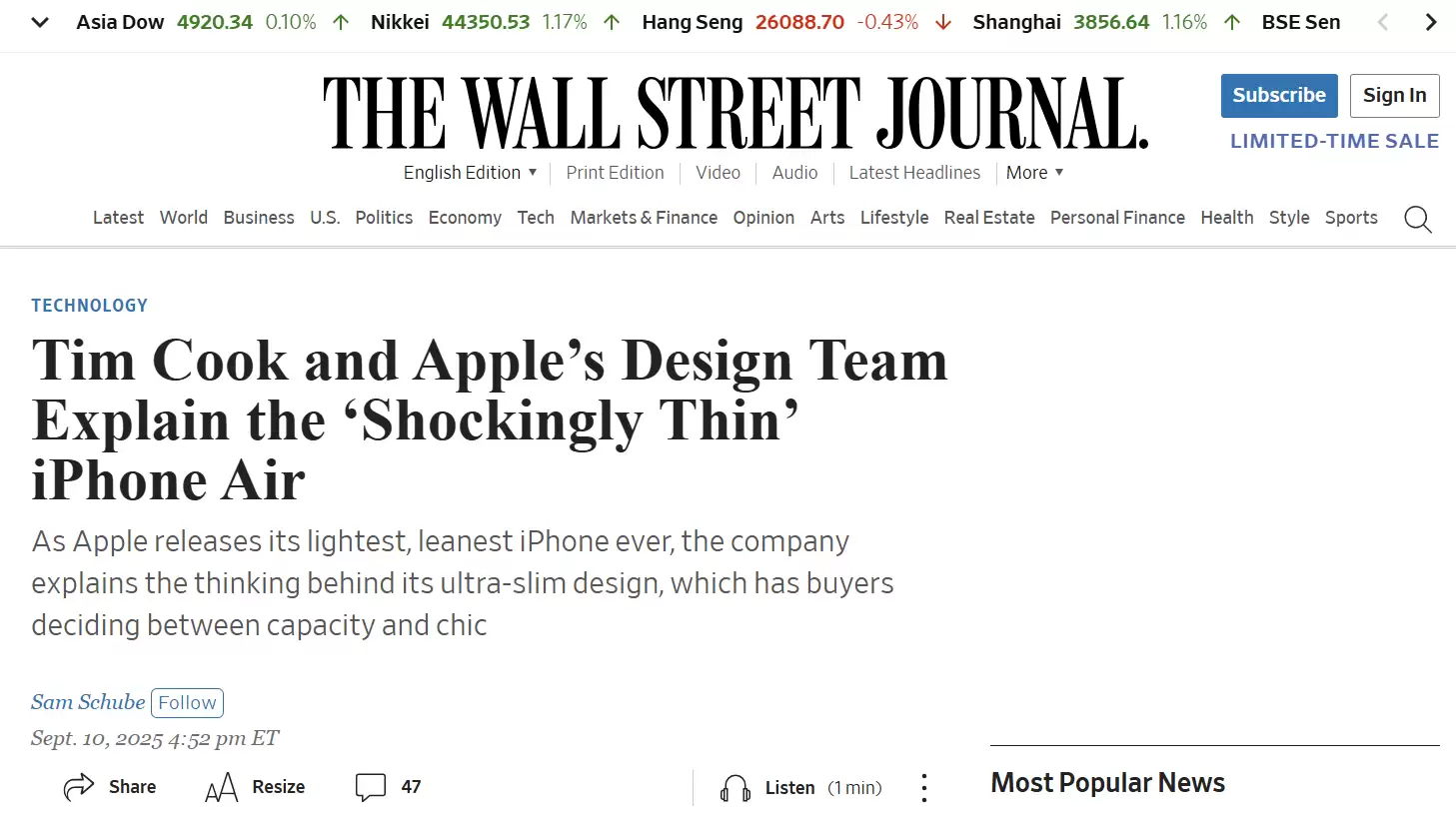 苹果高管谈iPhone Air设计：5.6毫米机身似“能被风吹走”