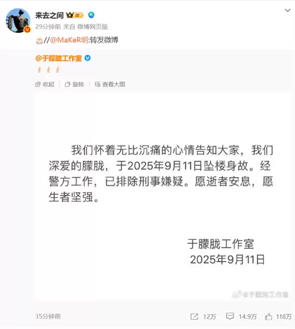 微博CEO转发:工作室证实于朦胧坠亡