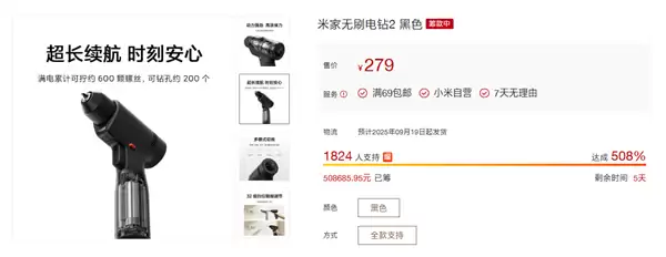 279元！小米米家无刷电钻2开启众筹：扭矩50N·m、1900mAh电池