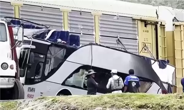 墨西哥一火车拦腰撞断一辆双层大巴车：致10死61伤