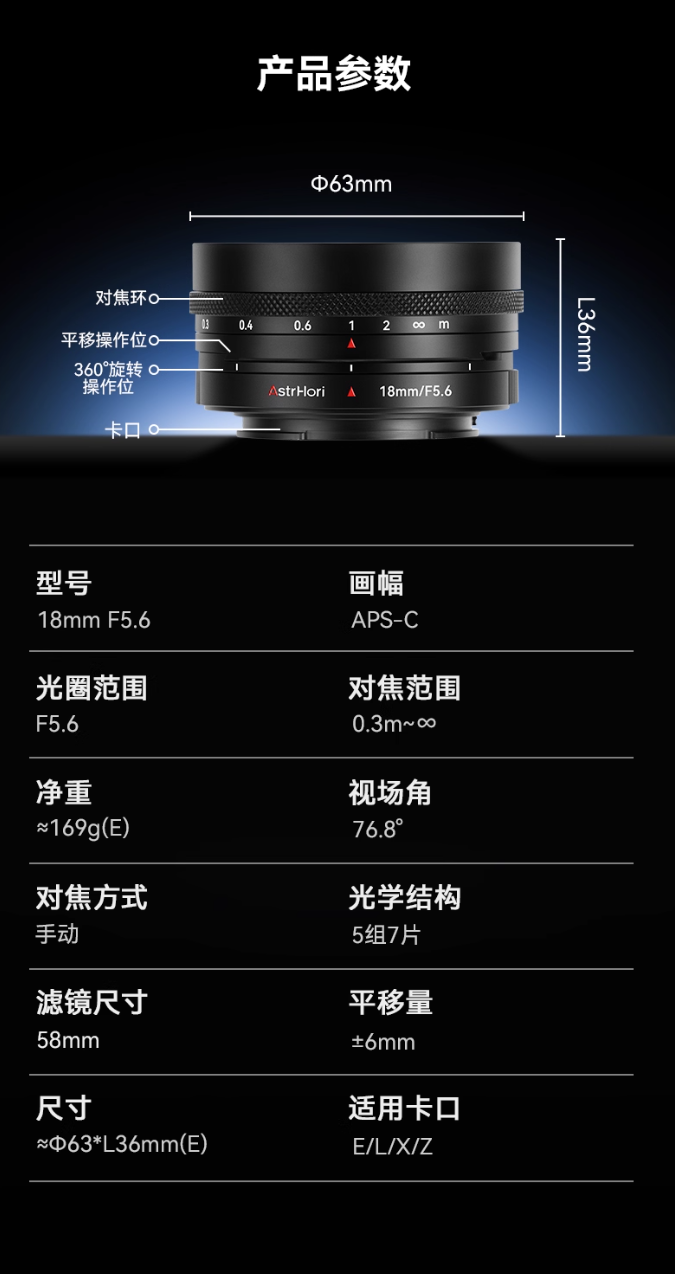 岩石星推出全新 18mm f/5.6 饼干移轴镜头，平移轴量 12mm、半画幅 E / L / X / Z 卡口