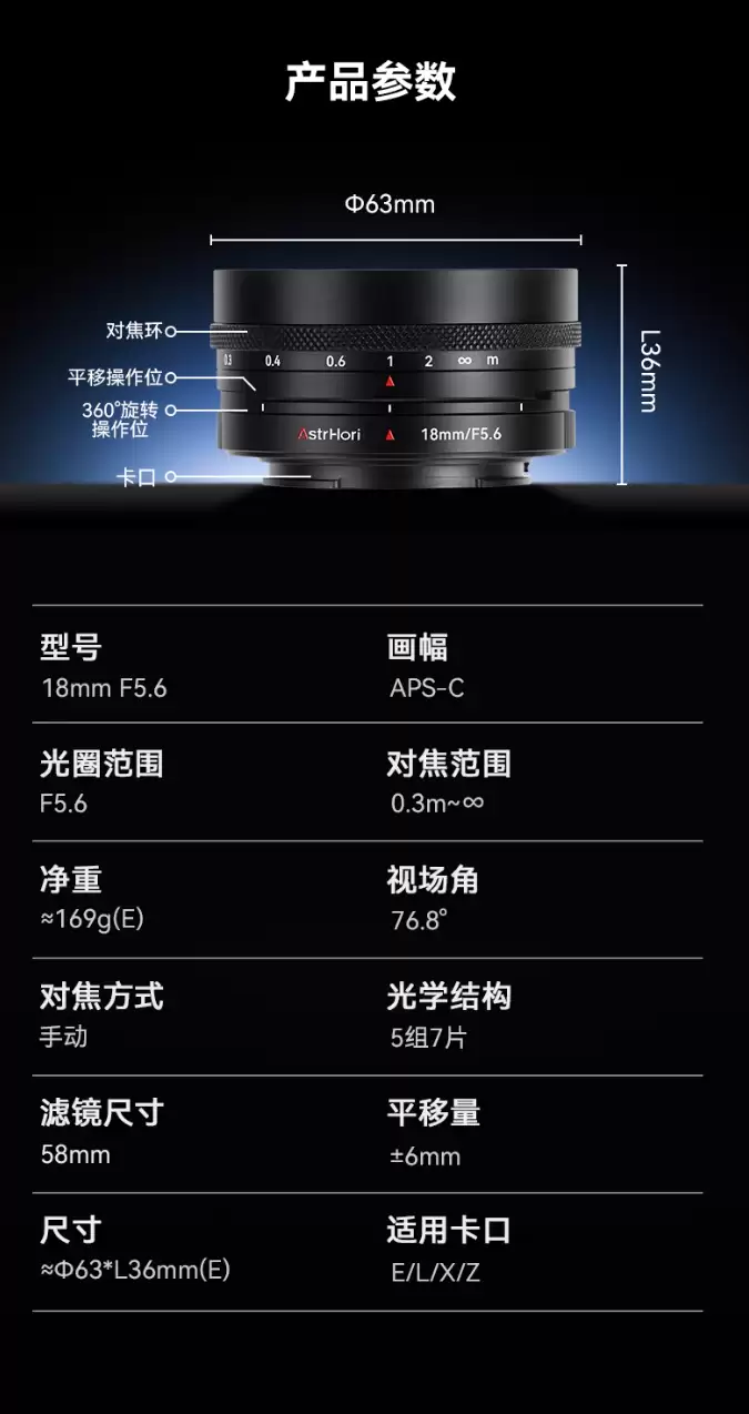 岩石星推出全新 18mm f/5.6 饼干移轴镜头,平移轴量 12mm、半画幅 E / L / X / Z 卡口