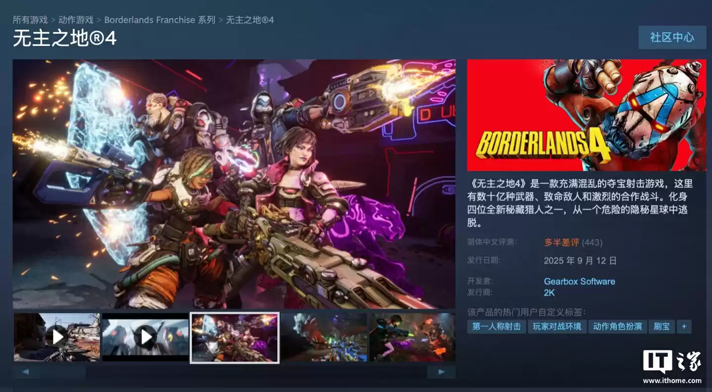 298 元起游戏《无主之地 4》发售：Steam 在线峰值破 20 万人，玩家吐槽“优化差”