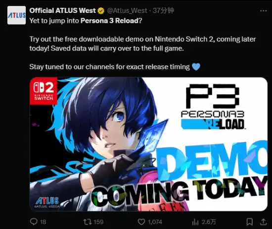 女神异闻录3 Reload Switch 2试玩版上线，全球销量破200万