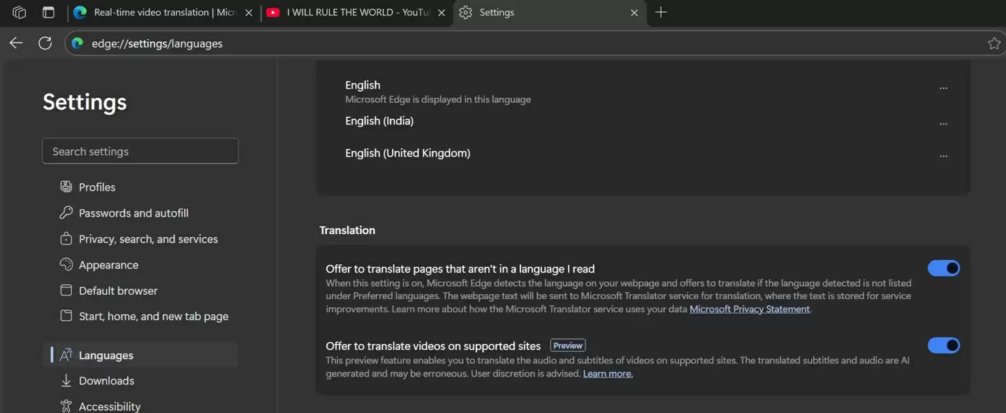 Win11 版微软 Edge 浏览器测试 AI 视频实时音频翻译，至少需 12GB 内存