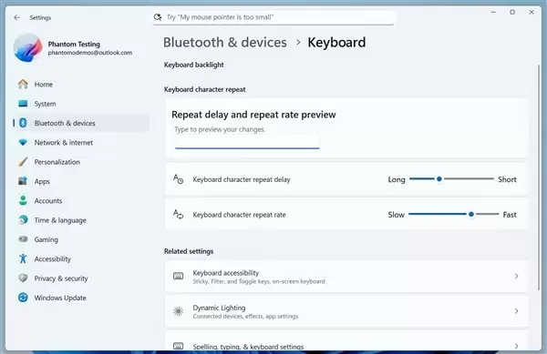 微软Windows 11设置应用新增键盘与触控板调节功能