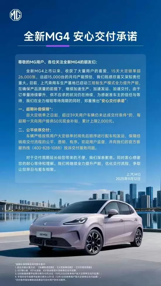 上汽名爵推全新MG4安心交付政策，超时39天享最高2000元补贴