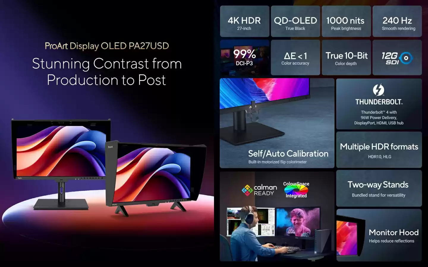 华硕发布 QD-OLED 彩监 PA27USD:4K 240Hz 1000nits,12G SDI + 雷电 4