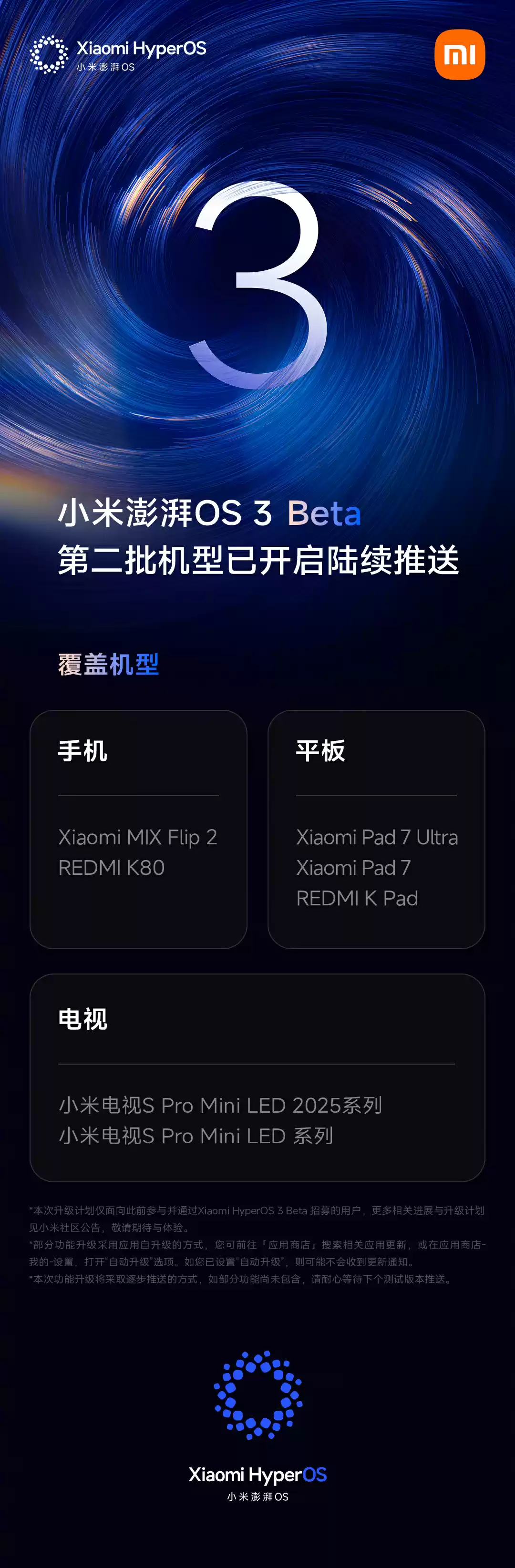 小米澎湃 OS 3 Beta 版开启新一批推送:MIX Flip2、REDMI K80 等