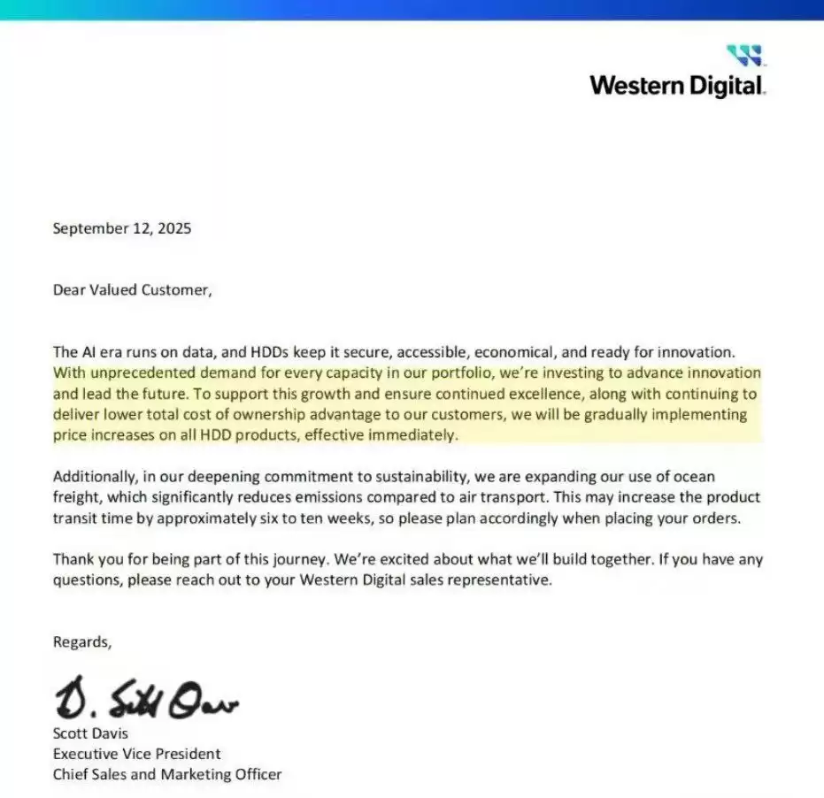 西部数据官宣机械硬盘涨价，海运调整或致交付延迟