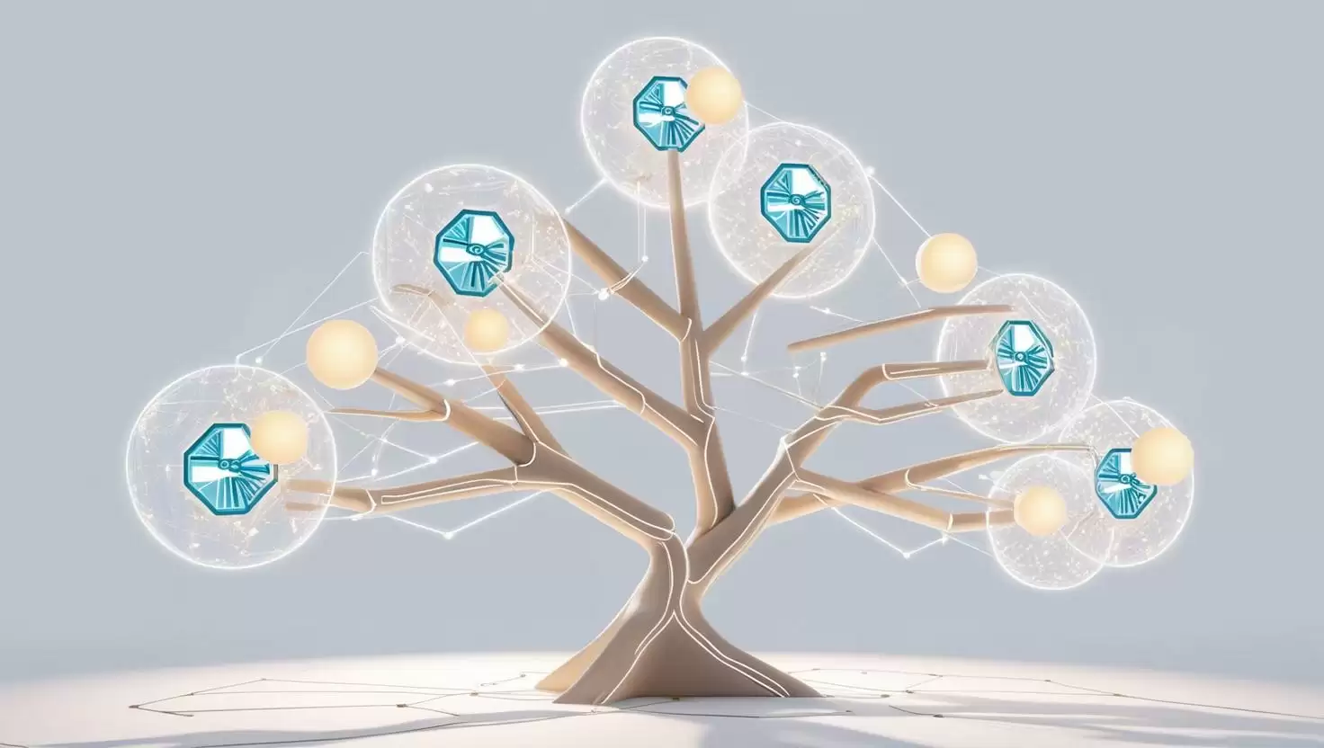 3D Merkle tree structure with Proof-of-Reserves icons and blockchain network in a light style, no more element, no word.webp