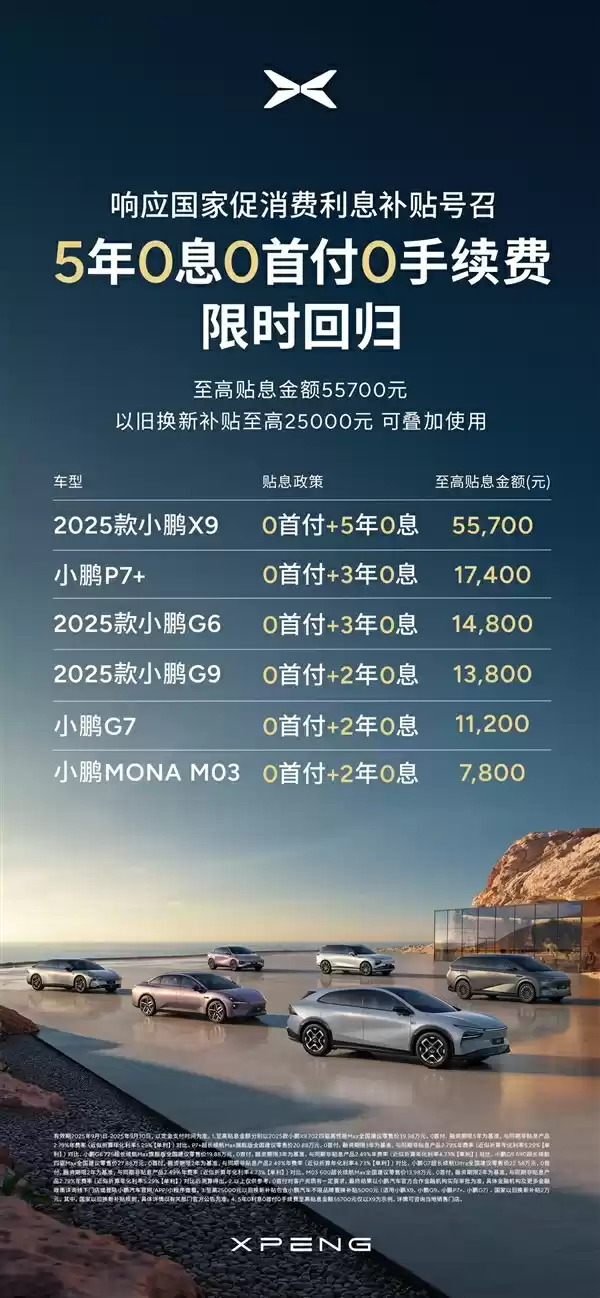 响应国家利息补贴号召!小鹏5年0息0首付限时回归
