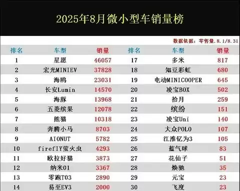 2025年8月微小型车销量揭晓