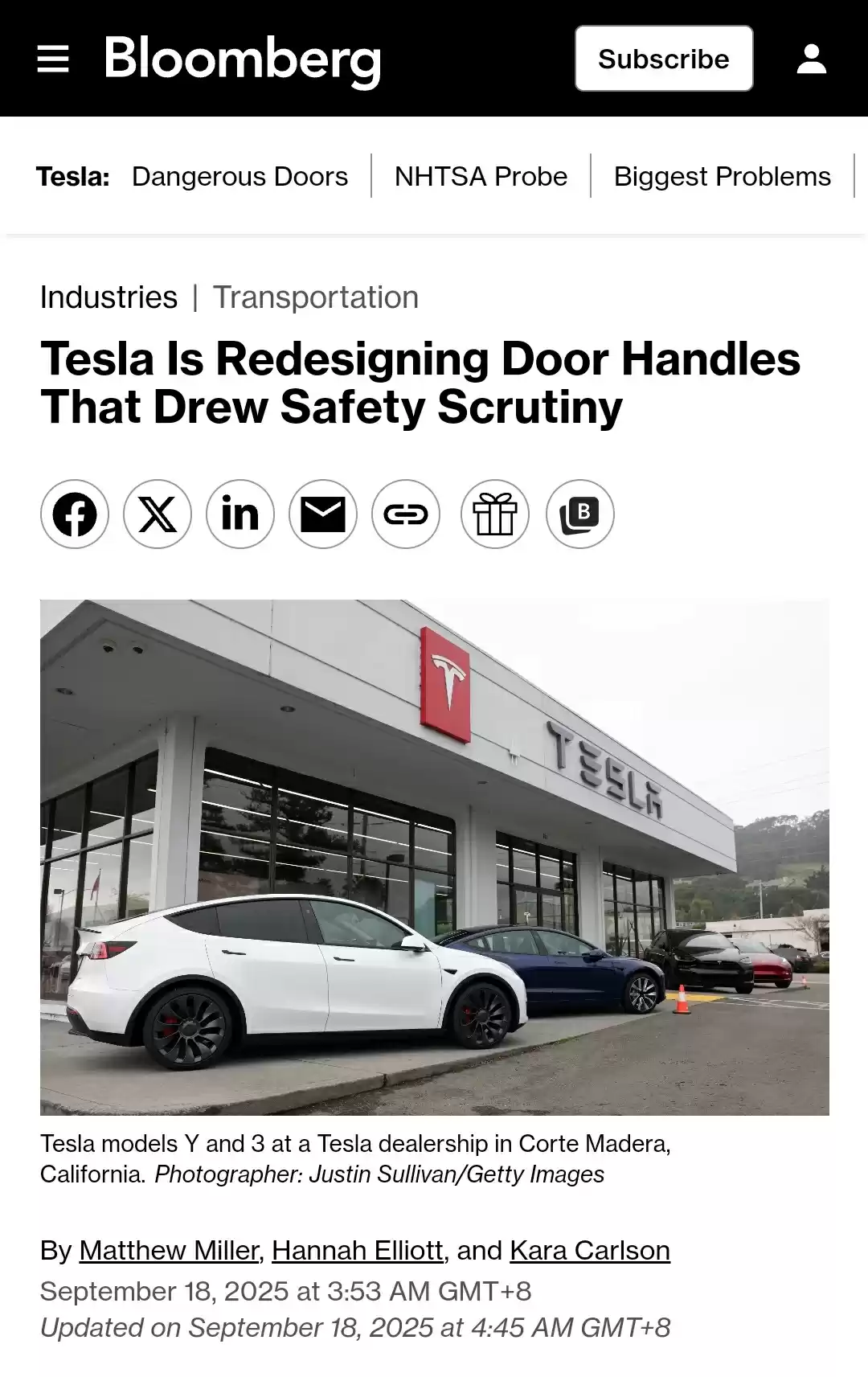 特斯拉门把手问题报道