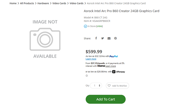 Intel锐炫Pro B60显卡24GB版本现货开售，4300元超高性价比