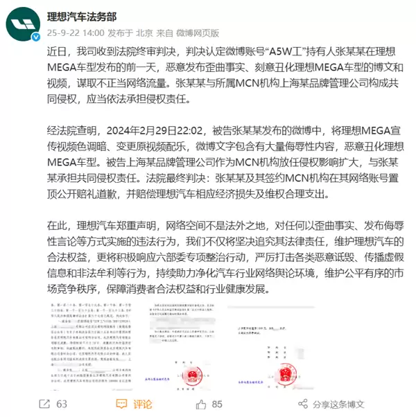 理想法务部：抹黑理想MEGA的人被告