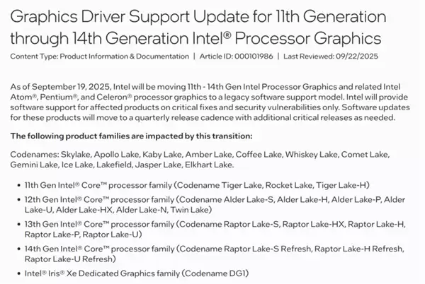 英特尔调整老款集成显卡驱动策略