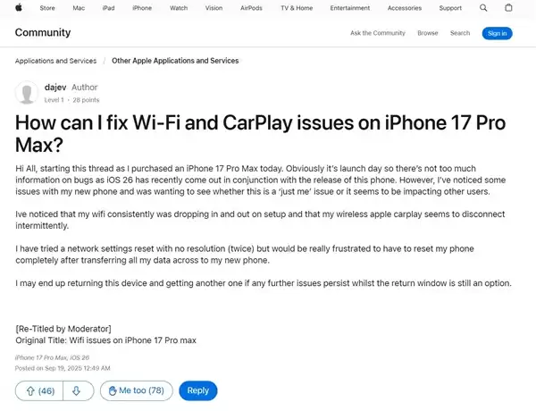 首发用户反馈iPhone 17/iPhone Air出现Wi-Fi断连：影响体验