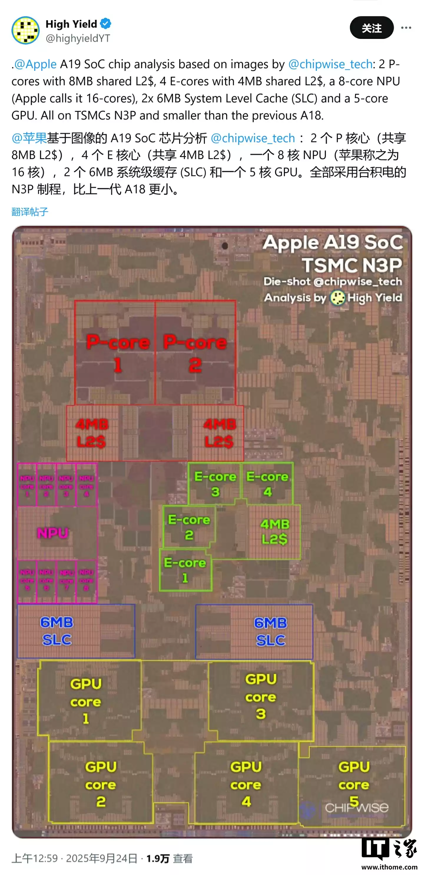 台积电 N3P 工艺，苹果 iPhone 17 A19 芯片 Die-shot 图曝光