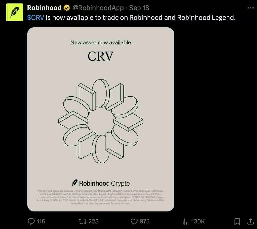 Curve DAO(CRV)币在Robinhood上市：治理提案后价格上涨，能突破1美元吗？