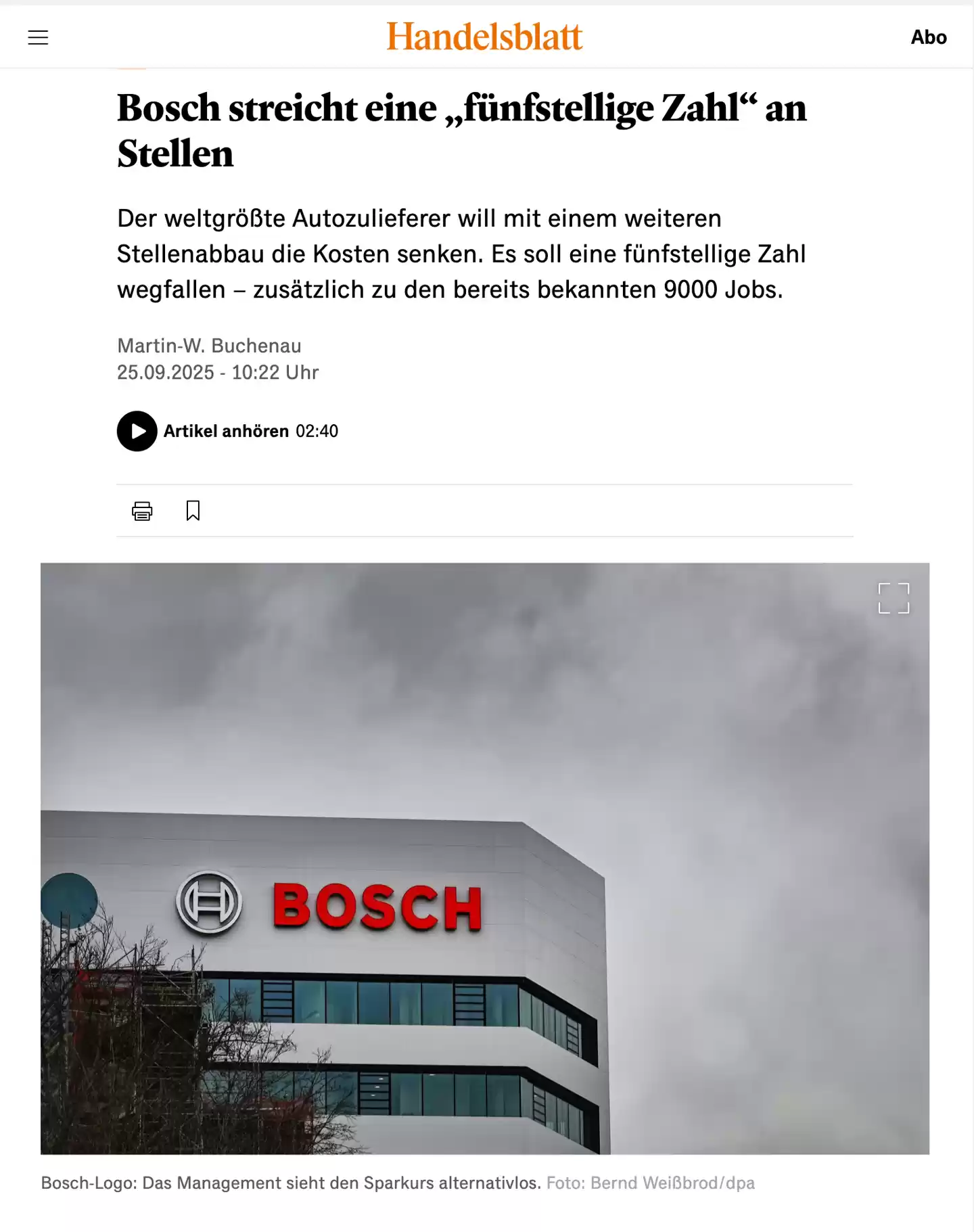 博世计划大规模裁员:规模或达数万人,为省钱